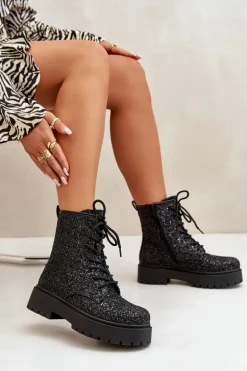 Ocieplane Botki Workery Damskie Ozdobione Cekinami Czarne Liatheine