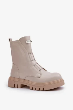 Ocieplane Botki Workery Damskie Na Zamek Eko Skórzane Jasnobeżowe Mailyra