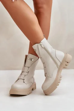 Ocieplane Botki Workery Damskie Na Zamek Eko Skórzane Jasnobeżowe Mailyra