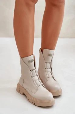 Ocieplane Botki Workery Damskie Na Zamek Eko Skórzane Jasnobeżowe Mailyra