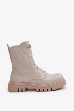 Ocieplane Botki Workery Damskie Na Zamek Eko Skórzane Jasnobeżowe Mailyra