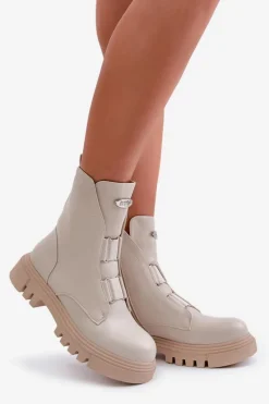 Ocieplane Botki Workery Damskie Na Zamek Eko Skórzane Jasnobeżowe Mailyra
