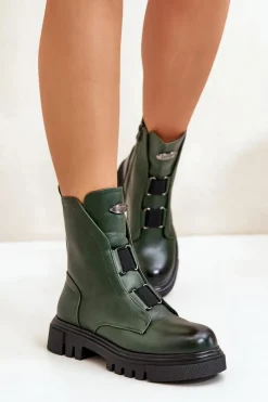 Ocieplane Botki Workery Damskie Na Zamek Eko Skórzane Zielone Mailyra
