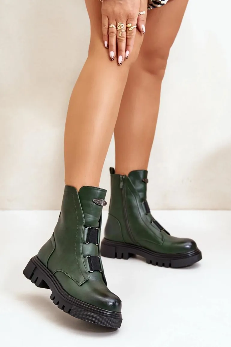 Ocieplane Botki Workery Damskie Na Zamek Eko Skórzane Zielone Mailyra