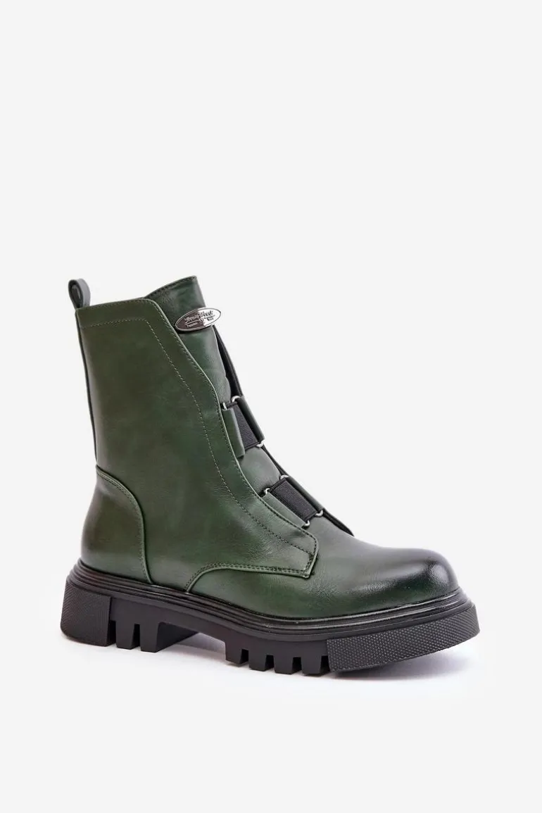 Ocieplane Botki Workery Damskie Na Zamek Eko Skórzane Zielone Mailyra