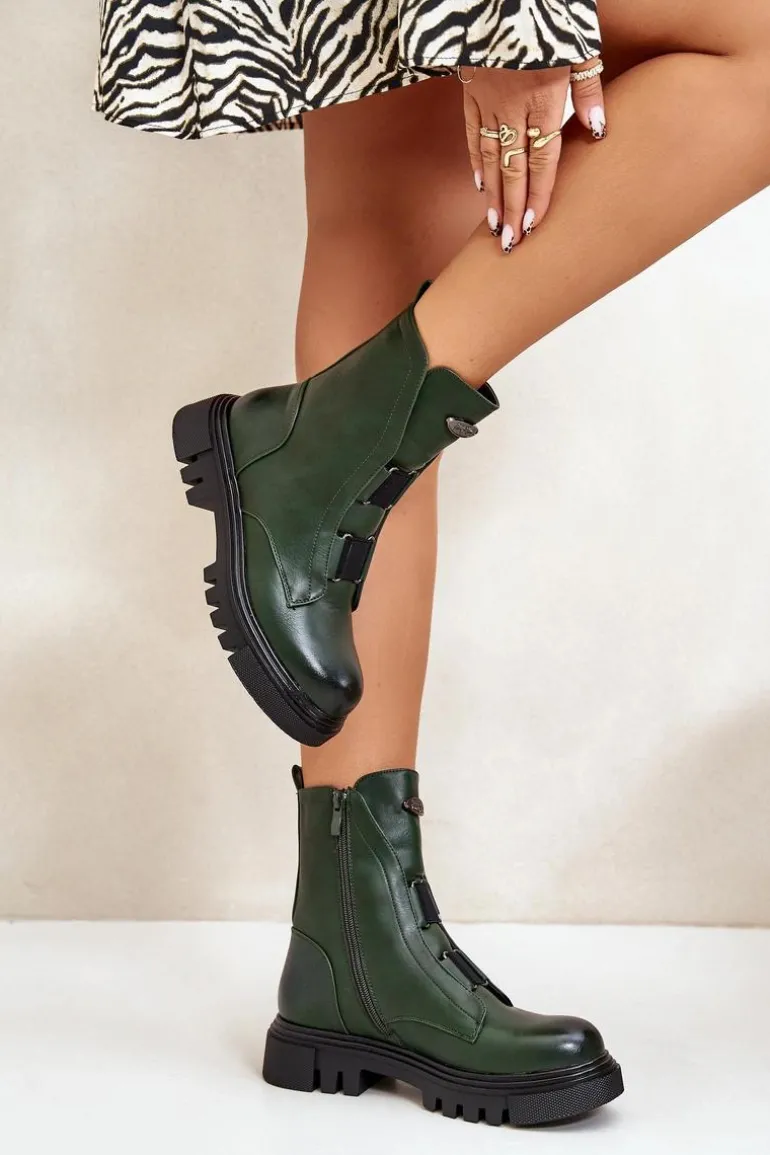 Ocieplane Botki Workery Damskie Na Zamek Eko Skórzane Zielone Mailyra