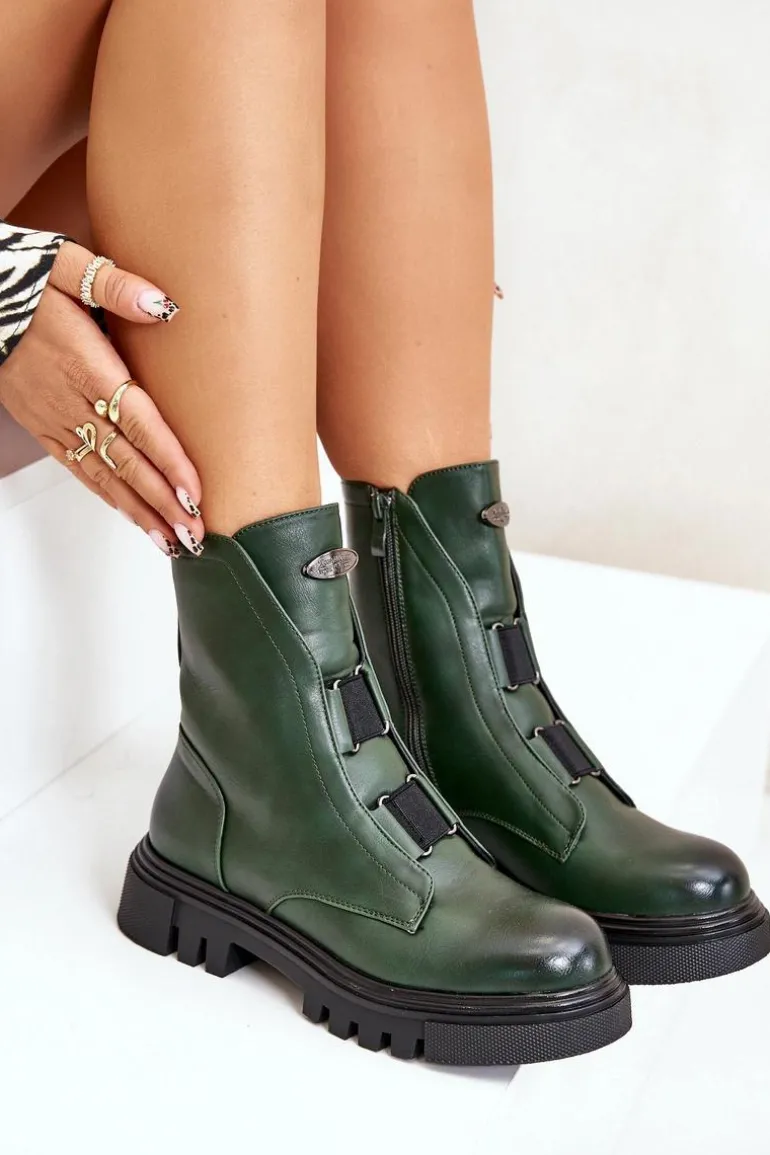 Ocieplane Botki Workery Damskie Na Zamek Eko Skórzane Zielone Mailyra