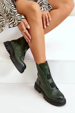 Ocieplane Botki Workery Damskie Na Zamek Eko Skórzane Zielone Mailyra