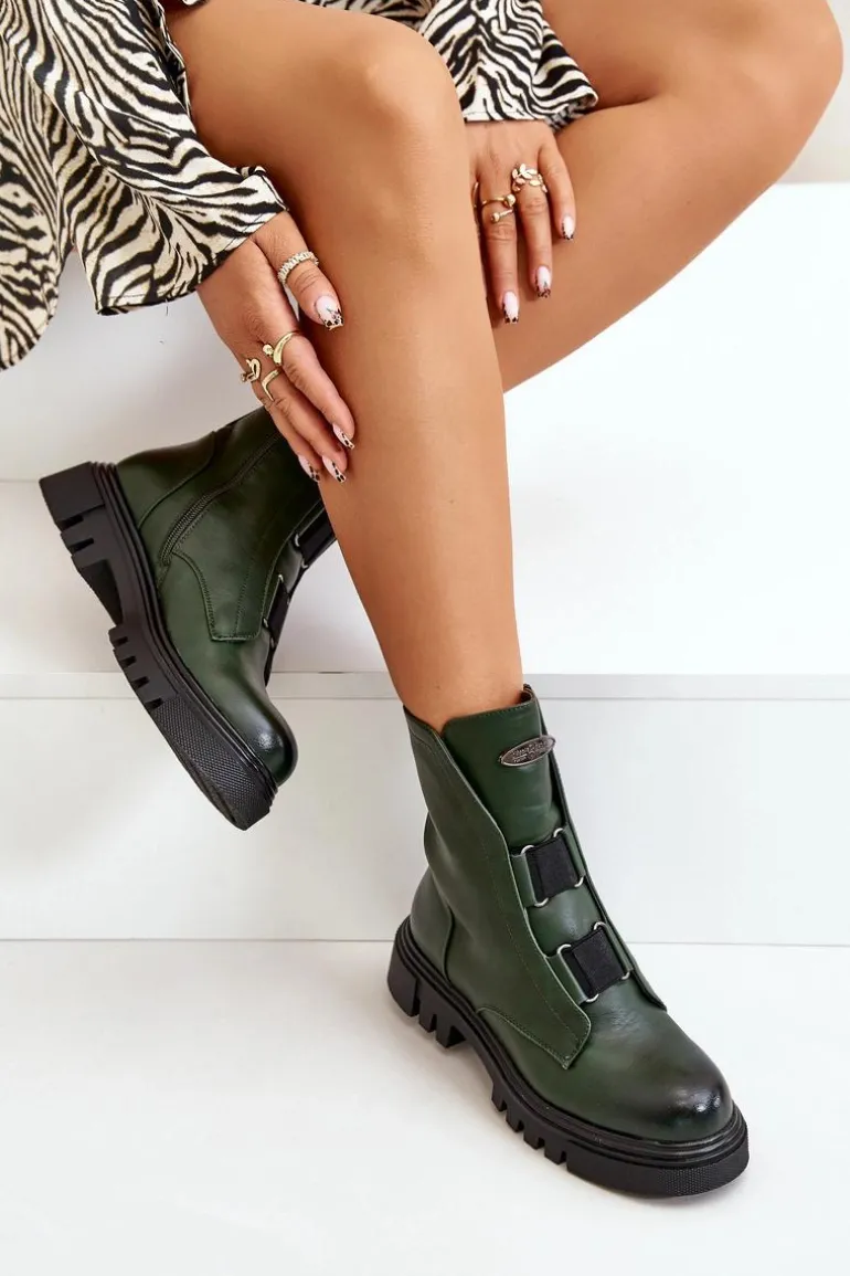 Ocieplane Botki Workery Damskie Na Zamek Eko Skórzane Zielone Mailyra