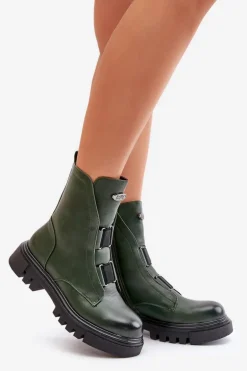 Ocieplane Botki Workery Damskie Na Zamek Eko Skórzane Zielone Mailyra