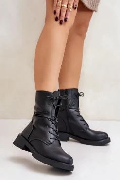 Ocieplane Botki Workery Damskie Eko Skórzane Czarne Ellittia