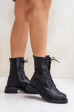 Ocieplane Botki Workery Damskie Eko Skórzane Czarne Ellittia