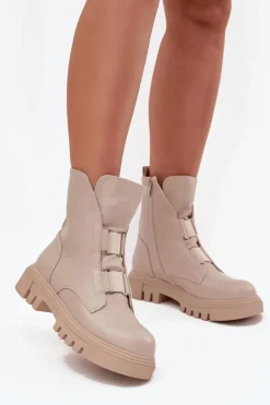 Ocieplane Botki Workery Damskie Na Zamek Eko Skórzane Jasnobeżowe Mailyra