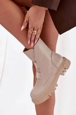 Ocieplane Botki Workery Damskie Na Zamek Eko Skórzane Jasnobeżowe Mailyra