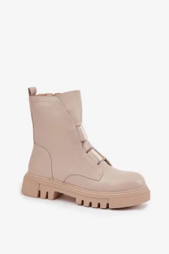 Ocieplane Botki Workery Damskie Na Zamek Eko Skórzane Jasnobeżowe Mailyra