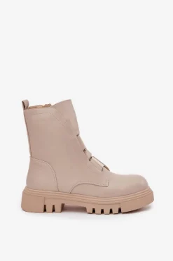 Ocieplane Botki Workery Damskie Na Zamek Eko Skórzane Jasnobeżowe Mailyra