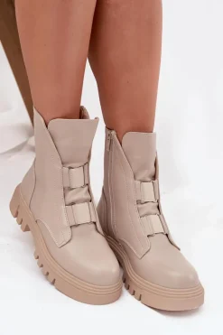 Ocieplane Botki Workery Damskie Na Zamek Eko Skórzane Jasnobeżowe Mailyra