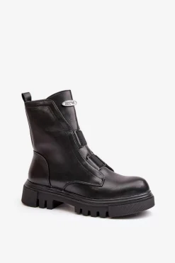 Ocieplane Botki Workery Damskie Na Zamek Eko Skórzane Czarne Mailyra