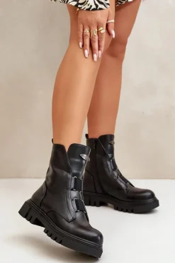 Ocieplane Botki Workery Damskie Na Zamek Eko Skórzane Czarne Mailyra