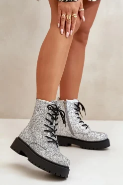 Ocieplane Botki Workery Damskie Ozdobione Cekinami Srebrne Liatheine