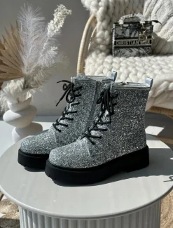 Ocieplane Botki Workery Damskie Ozdobione Cekinami Srebrne Liatheine