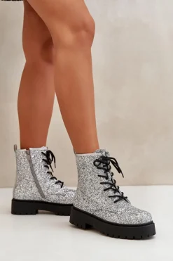 Ocieplane Botki Workery Damskie Ozdobione Cekinami Srebrne Liatheine