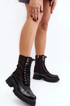 Ocieplane Botki Workery Na Płaskim Obcasie Czarne Saranema