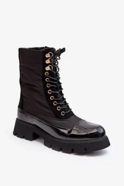 Ocieplane Botki Workery Na Płaskim Obcasie Czarne Saranema