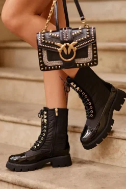 Ocieplane Botki Workery Na Płaskim Obcasie Czarne Saranema