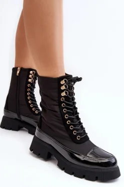 Ocieplane Botki Workery Na Płaskim Obcasie Czarne Saranema