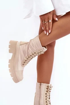 Ocieplane Botki Workery Na Płaskim Obcasie Beżowe Saranema