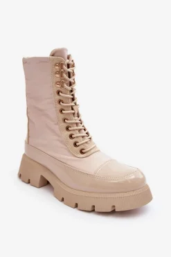 Ocieplane Botki Workery Na Płaskim Obcasie Beżowe Saranema