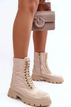 Ocieplane Botki Workery Na Płaskim Obcasie Beżowe Saranema