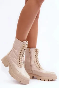 Ocieplane Botki Workery Na Płaskim Obcasie Beżowe Saranema