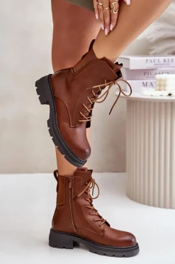 Ocieplane Botki Workery Na Zamek Brązowe Leairae