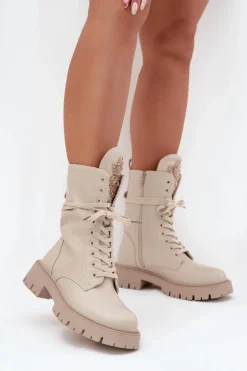 Ocieplane Botki Workery Z Ozdobą Beżowe Kelilea