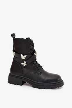 Ocieplane Botki Workery Z Paskiem I Srebrnymi Przypinkami Czarne Kaelina