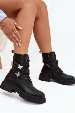 Ocieplane Botki Workery Z Paskiem I Srebrnymi Przypinkami Czarne Kaelina
