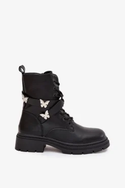 Ocieplane Botki Workery Z Paskiem I Srebrnymi Przypinkami Czarne Kaelina
