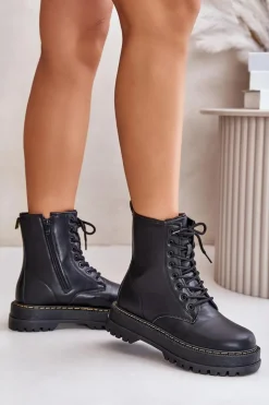 Ocieplane Botki Workery z Eko Skóry Na Zamek Czarne Naleli