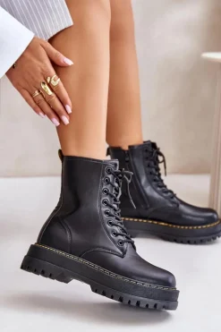 Ocieplane Botki Workery z Eko Skóry Na Zamek Czarne Naleli