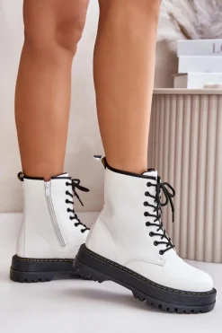 Ocieplane Botki Workery z Eko Skóry Na Zamek Białe Naleli