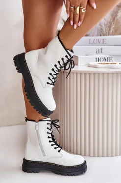 Ocieplane Botki Workery z Eko Skóry Na Zamek Białe Naleli