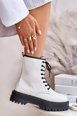 Ocieplane Botki Workery z Eko Skóry Na Zamek Białe Naleli