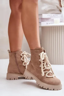Ocieplane Botki Z Eko Zamszu Na Zamek Beżowe Caellita