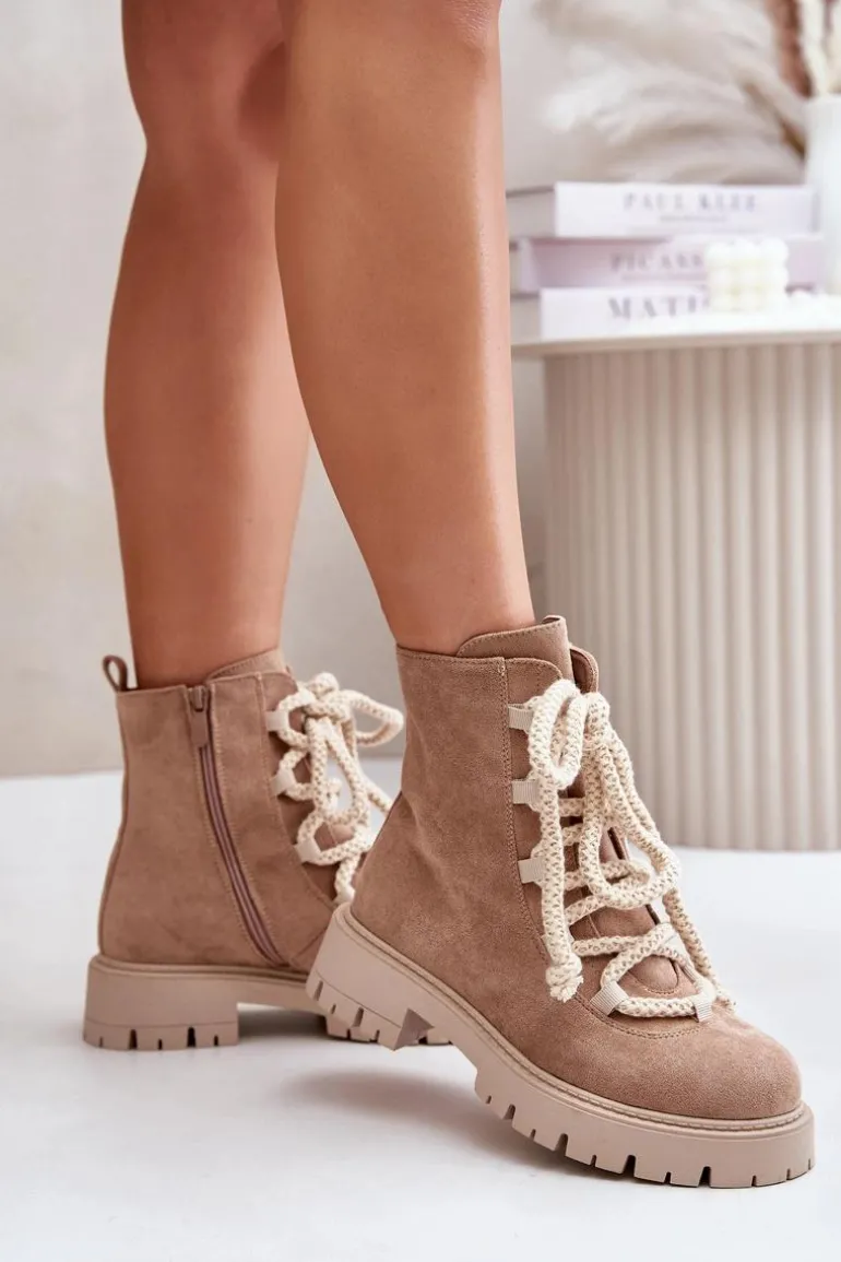 Ocieplane Botki Z Eko Zamszu Na Zamek Beżowe Caellita