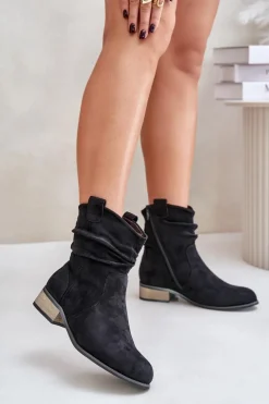 Ocieplane Botki Z Marszczeniem Na Niskim Obcasie Czarne Elletinnia
