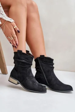 Ocieplane Botki Z Marszczeniem Na Niskim Obcasie Czarne Elletinnia