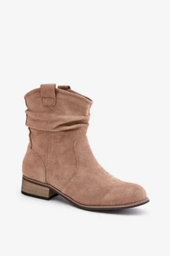 Ocieplane Botki Z Marszczeniem Na Niskim Obcasie Beżowe Elletinnia