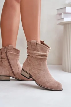 Ocieplane Botki Z Marszczeniem Na Niskim Obcasie Beżowe Elletinnia